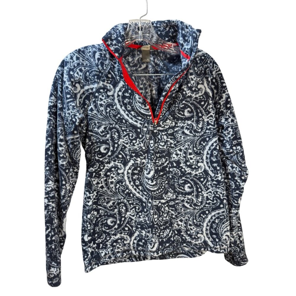 Eddie Bauer Womens XS Blue & White Paisley Fleece Pullover Half-Zip Jacket‎ With